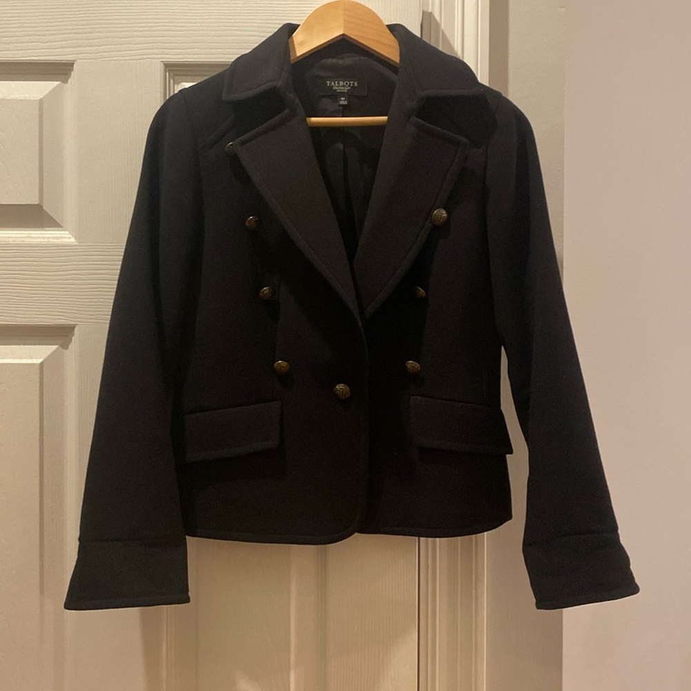 Talbots Black Wool Long Sleeve Buttons Details Pea Blazer Coat 6 Petite
